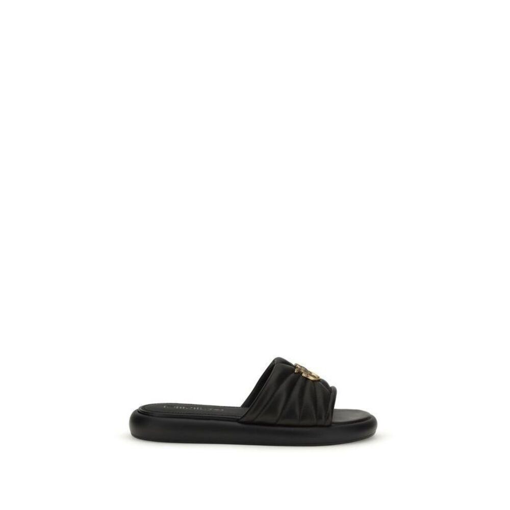 PINKO Calf Leather Bos Taurus Slides Women Black Sandals